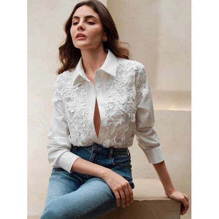 Blusa/camisa elegante de manga larga con encaje blanco, ideal para iyawo