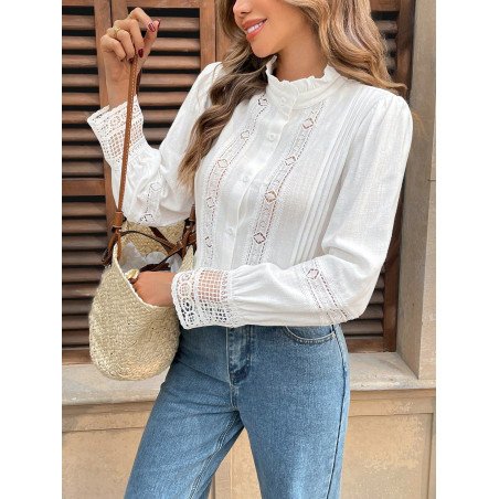 Frenchy Blusa informal de vacaciones para mujer con bordado hueco de unicolor