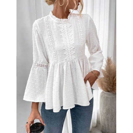 Blusa de mujer con cuello alto, mangas acampanadas y volantes, de unicolor