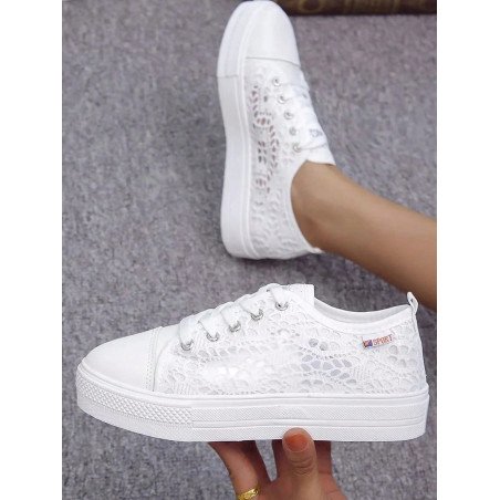 Zapatos Casuales Planos De Verano Transpirables Huecos De Mujer / Zapatillas Blancas / Zapatos Deportivos