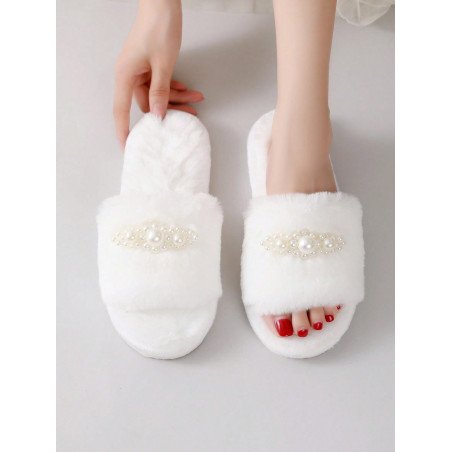 Pantuflas  de felpa de perlas y esponjosas para mujer, zapatillas de casa casuales interiores