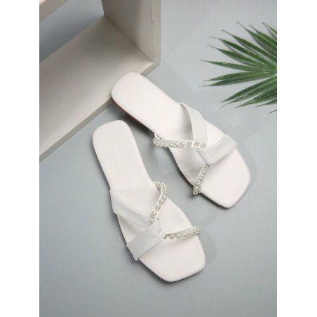 Sandalias planas de moda casual para mujer con tiras decoradas con strass, chanclas abiertas de slip-on para la playa, zapatos