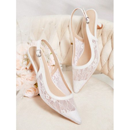 Zapatos de tacón alto con punta fina, de encaje blanco, elegantes y sexys, cómodos para mujer