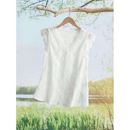 Blusa/camiseta de encaje sin mangas blanca para mujer, de verano