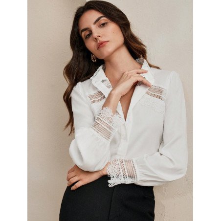 Camisa vintage de manga larga de estilo francés para mujer con encaje hueco y parche de flores empalmados